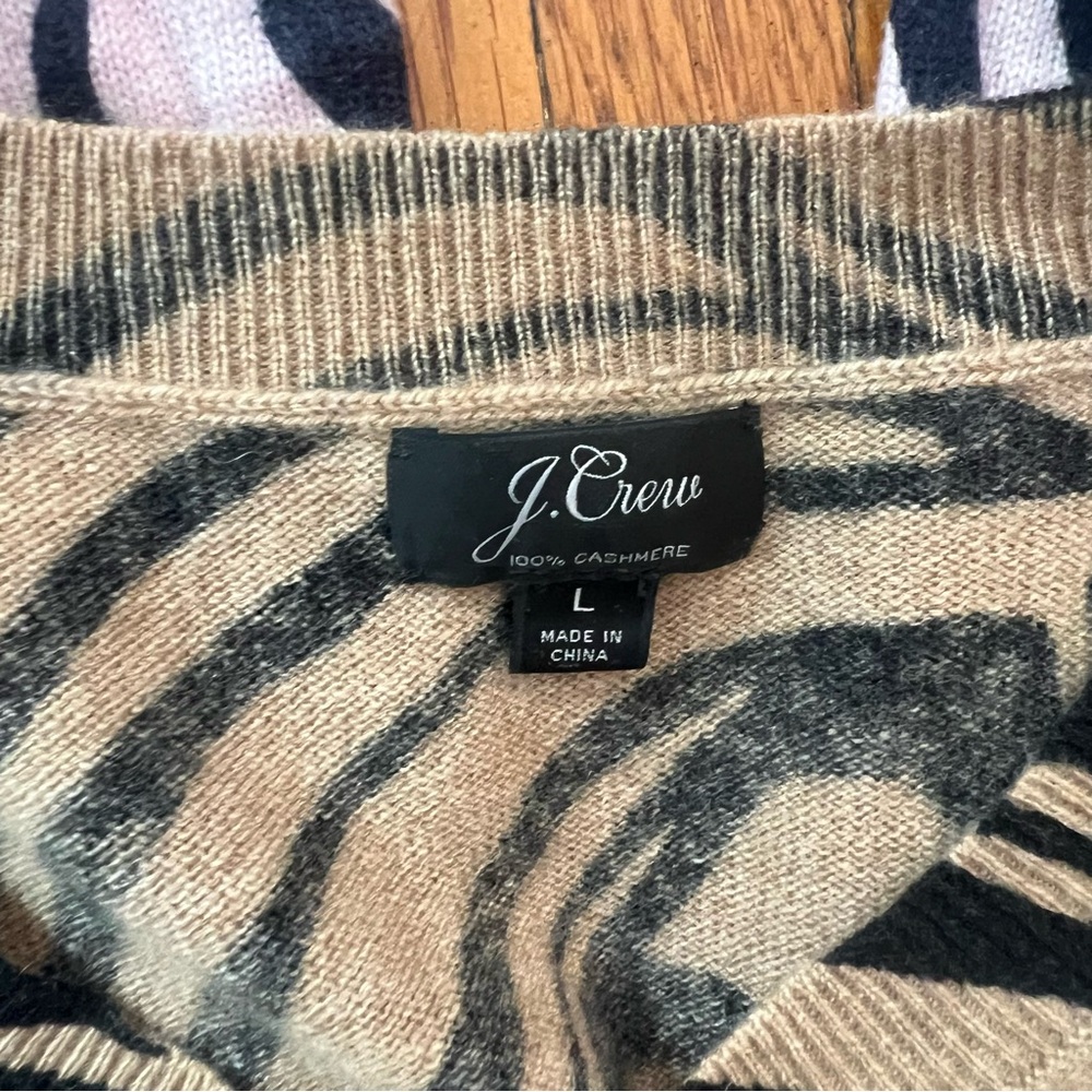 J. Crew cashmere sweater zebra animal print tan pink lot of 2 L large EUC - Picture 2 of 3